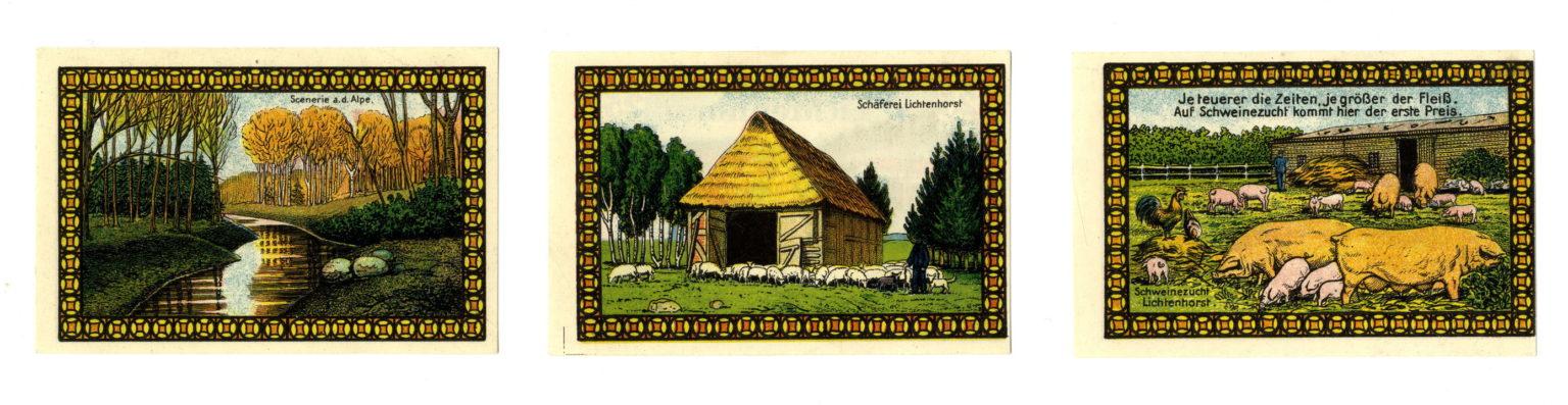 Оборотные стороны трех экземпляров нотгельдов лагеря Лихтенхорст номиналом в 25 пфеннингов