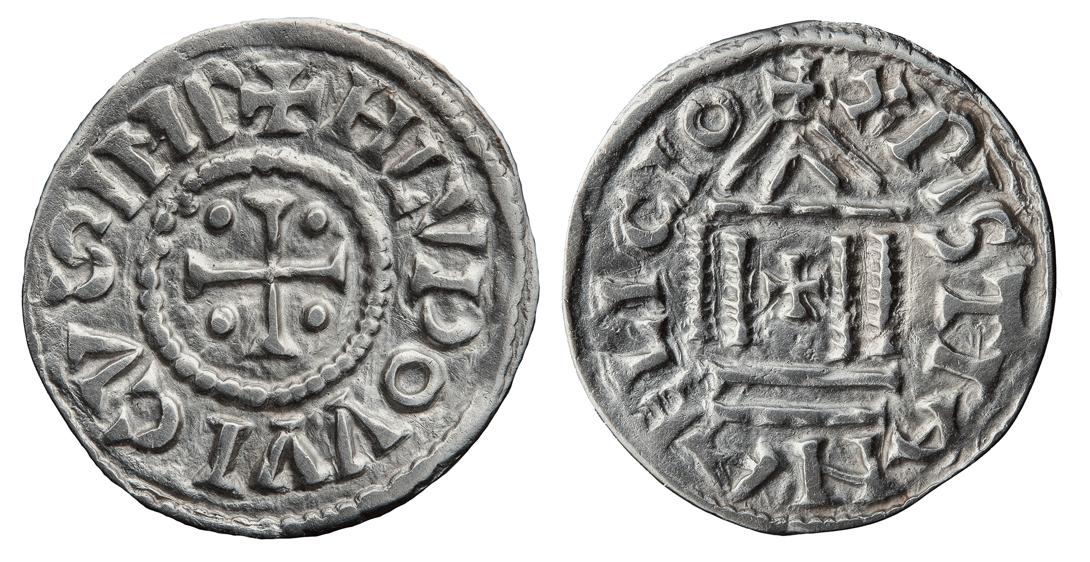 Королевство Франков. Людовик I Благочестивый (814–840). Денарий. Изображение храма на оборотной стороне этих монет могло послужить прототипом для более поздних денариев.