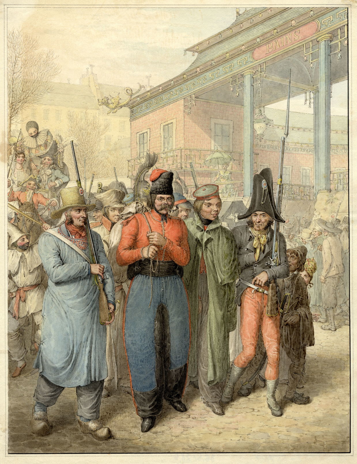 Казак во главе импровизированного шествия по улице Парижа Акварель Г. Опица, 1815 