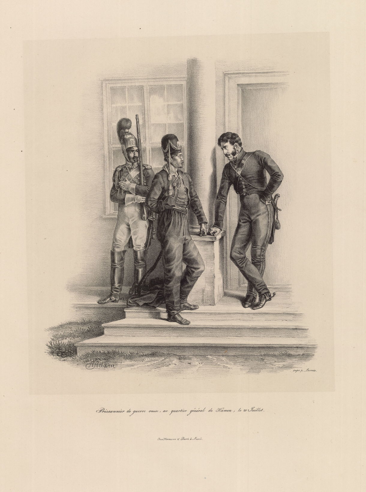 Русский пленный в штаб-квартире в местечке Камень 21 июля 1812 года Литография А. Лакруа по рисунку А. Адама 1827-1833 гг.