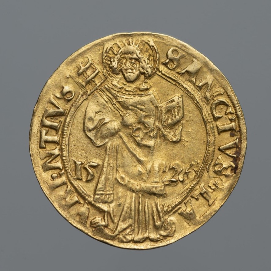 Монета. Священная Римская империя, город Нюрнберг. Гольдгульден 1526 г. Золото, чеканка