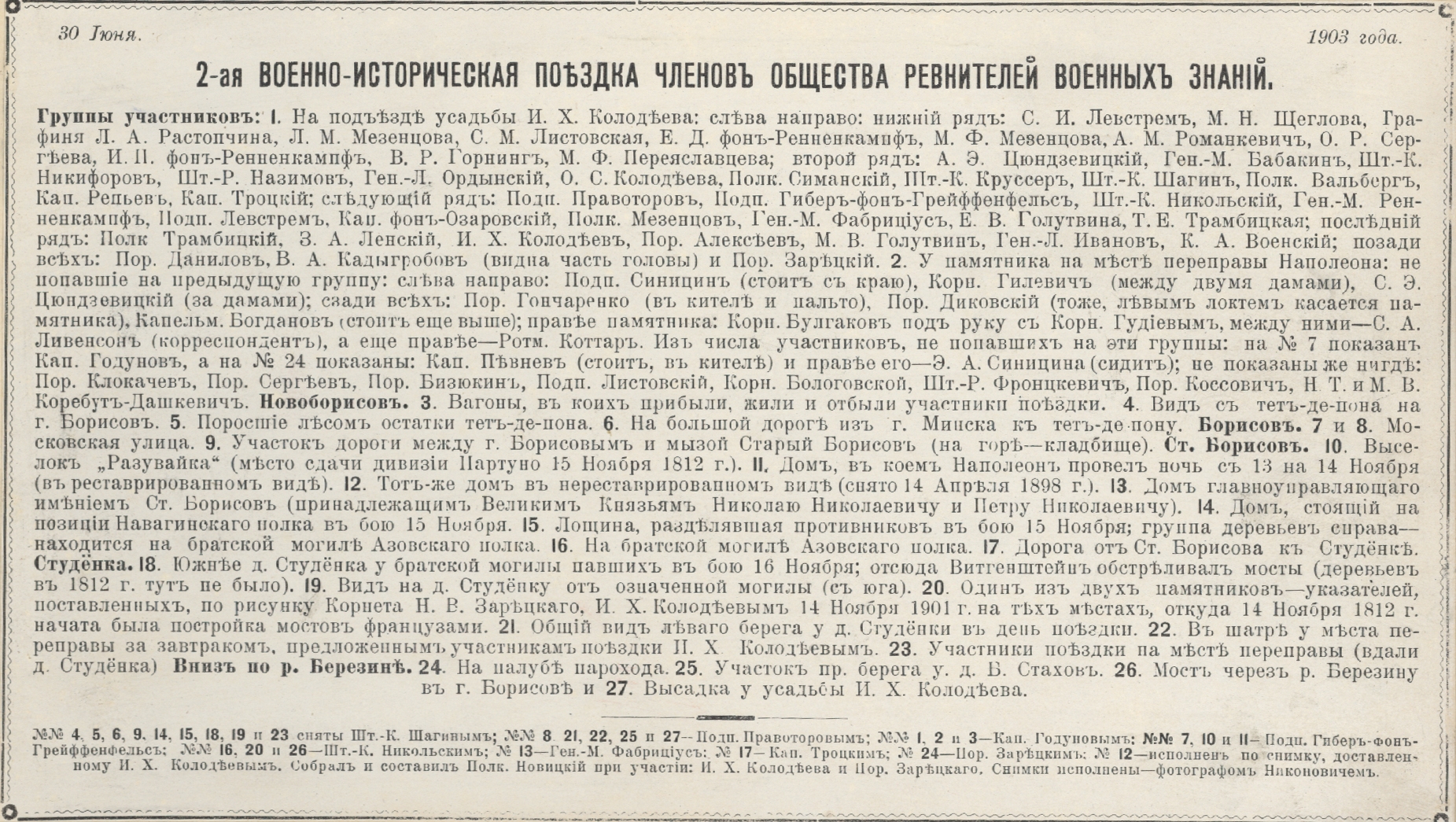 Список фотографий с указанием авторов снимков и мест съемки. Лист из альбома «Березина. 1812-1903» Публикуется впервые