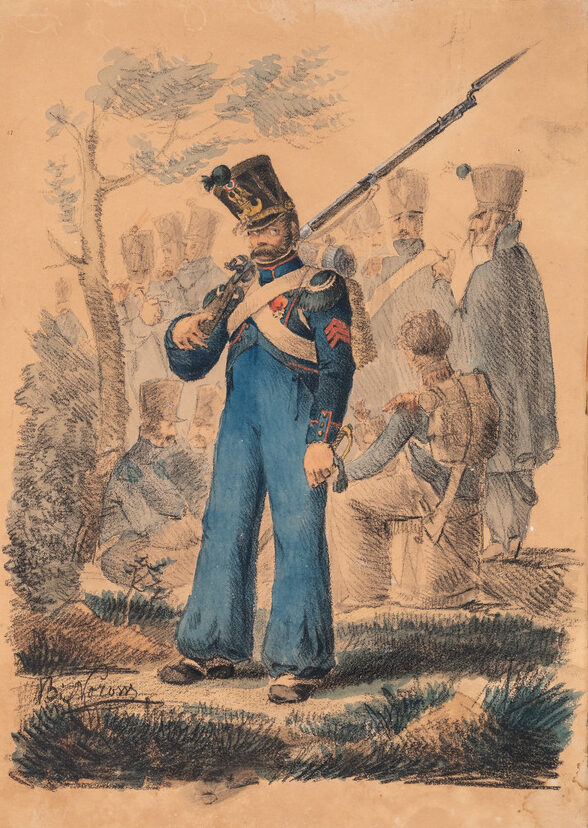 Василий Сергеевич Норов ⠀ Рядовой 9-го полка лёгкой пехоты в походной форме 1810-е гг. Бумага на картоне, итальянский карандаш, акварель