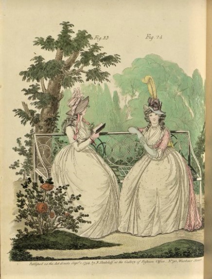 Хайдельхоф Н. Два модных дамских костюма. Лист из журнала «The Gallery of fashion». 1794 г. Бумага, акватинта, акварель.