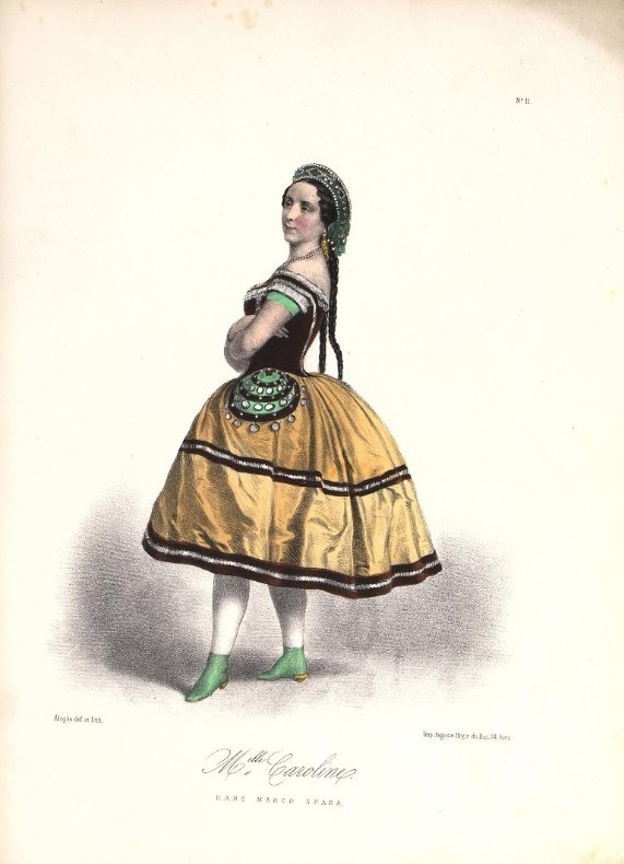 Мадмуазель Каролина в балете «Марко Спада». Лист из альбома «Les danseuses de l'Opéra. Сostumes des principaux ballets, dessinés par Alophe». 1850 - е гг.