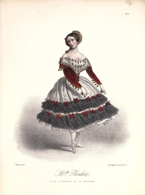 Мадмуазель Планкет в спектакле «La mañola de la favorite». Лист из альбома «Les danseuses de l'Opéra. Сostumes des principaux ballets, dessinés par Alophe». 1850 - е гг.