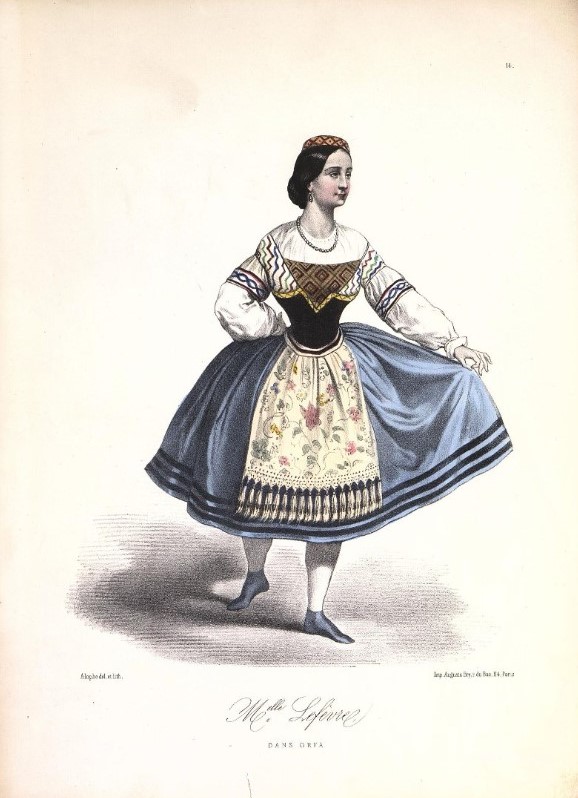 Мадмуазель Лефевр в спектакле «Орфа». Лист из альбома «Les danseuses de l'Opéra. Сostumes des principaux ballets, dessinés par Alophe». 1850 - е гг.