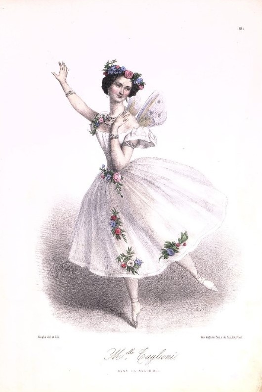 Мария Тальони в балете «Сильфида». Лист из альбома «Les danseuses de l'Opéra. Сostumes des principaux ballets, dessinés par Alophe»