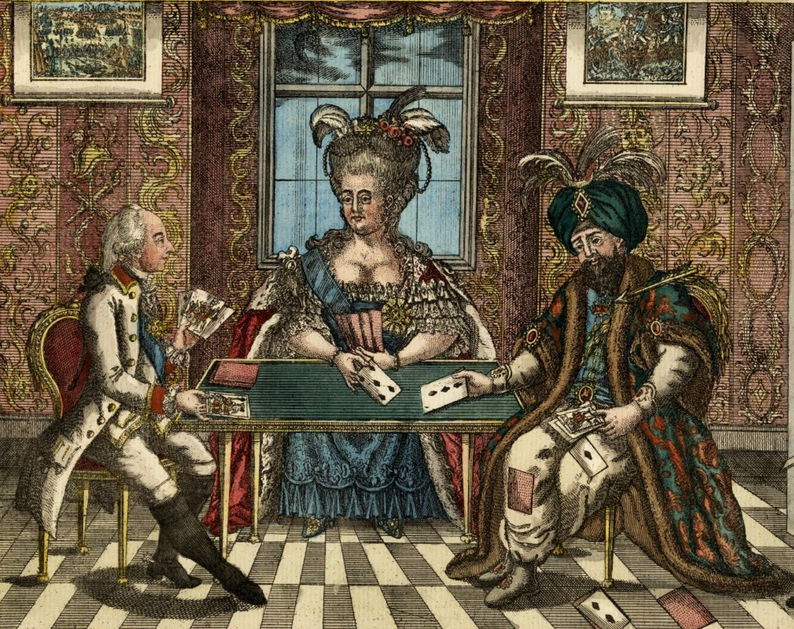 Игра в карты Екатерины II, Иосифа и Ахмета, карикатура. Неизвестный гравер, конец XVIII в. Фрагмент