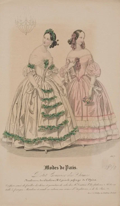 Два модных дамских платья. Лист из журнала "Petit Courrier des Dames". Франция, Париж. 1840 г. Бумага, гравюра раскрашенная.