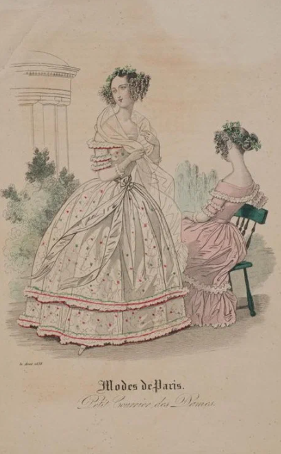 Два модных дамских платья. Лист из журнала "Petit Courrier des Dames". Франция, Париж. 1838 г. Бумага, гравюра резцом, акварель.