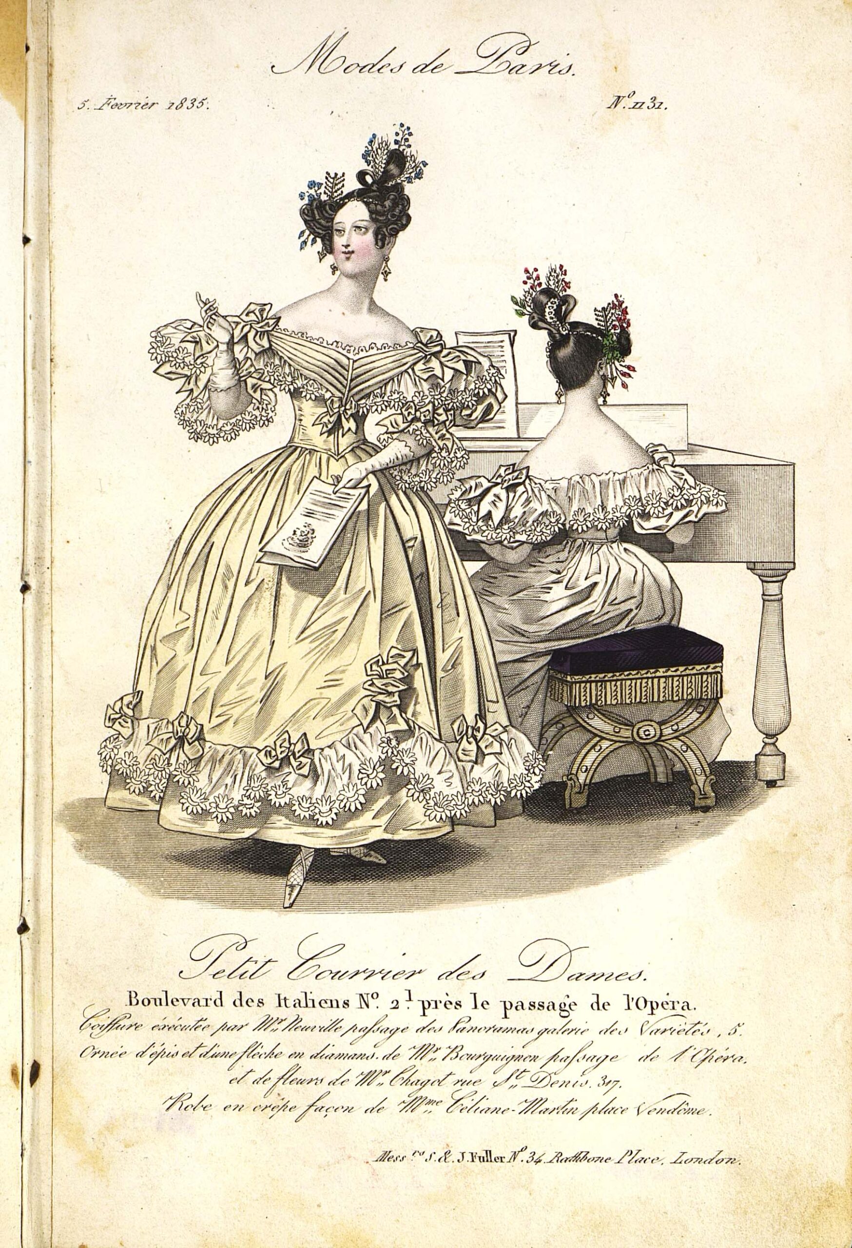 Два модных дамских костюма (вид спереди и вид со спины, сидя зафортепьяно). Лист из журнала «Le Petit Courrier des Dames», 1835 г.