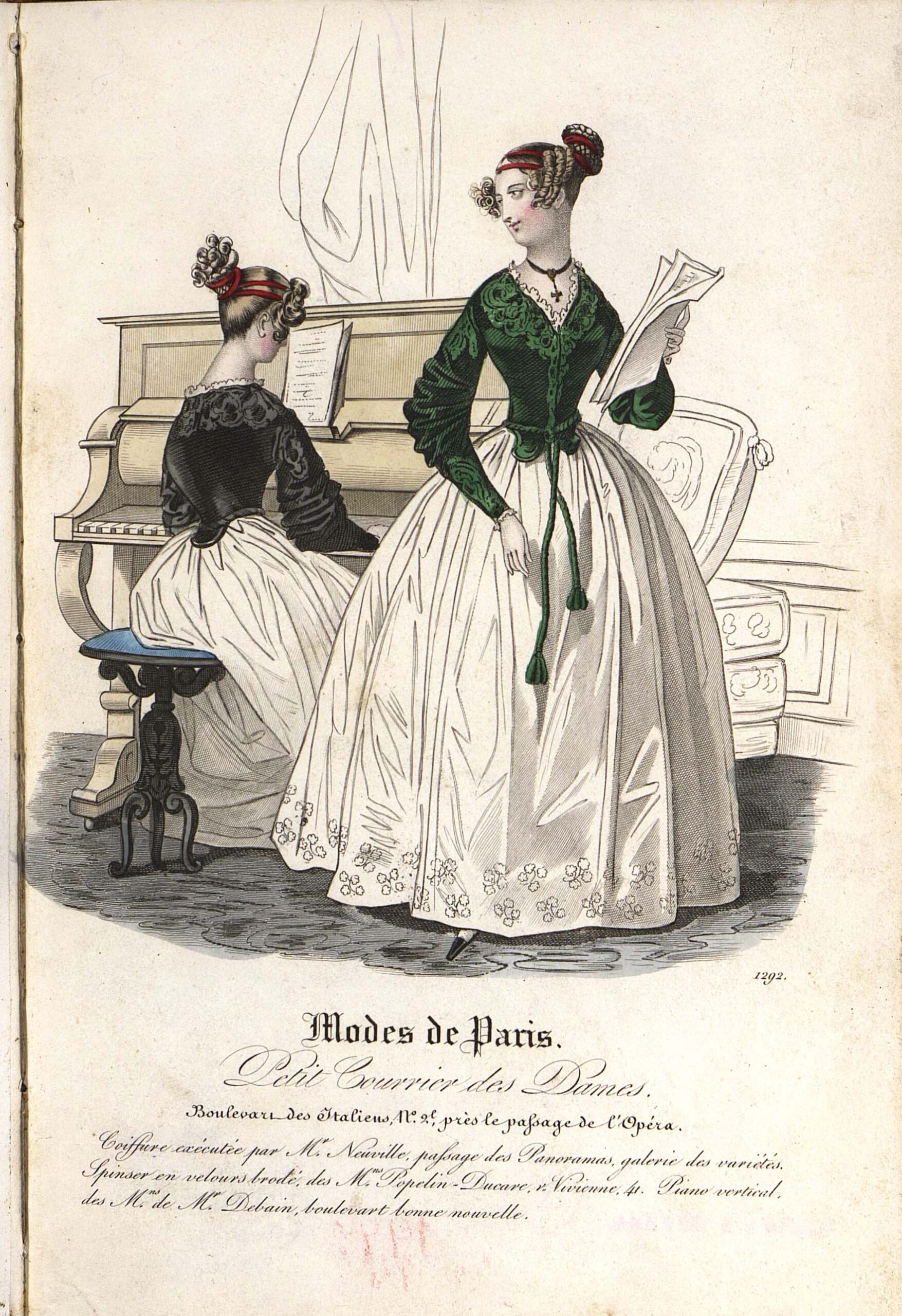 Два модных дамских костюма (вид спереди и вид со спины, сидя уфортепьяно). Лист из журнала «Le Petit Courrier des Dames», 1837 г.