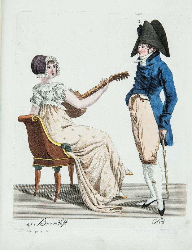Модный дамский костюм и модный мужской костюм. Лист из журнала«Leipziger Moden-Magazin», 1802 г.