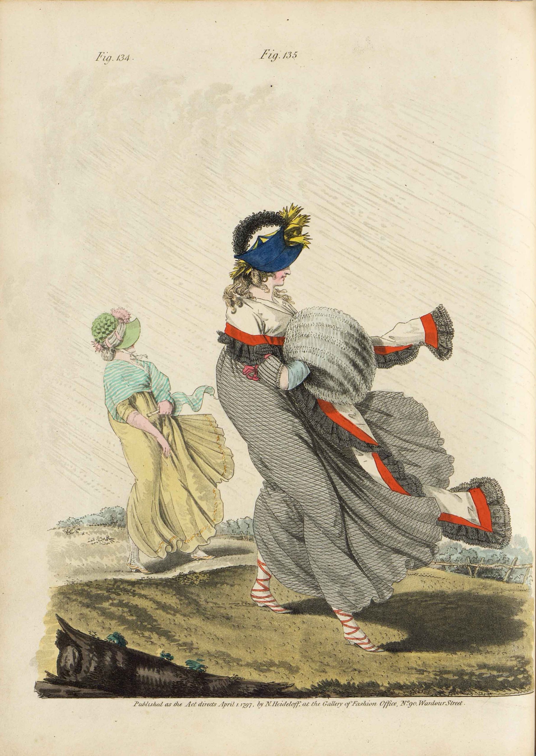Н. Хайдельхоф. Два модных дамских костюма. Лист из журнала «The Gallery of fashion». Великобритания. 1797 г.