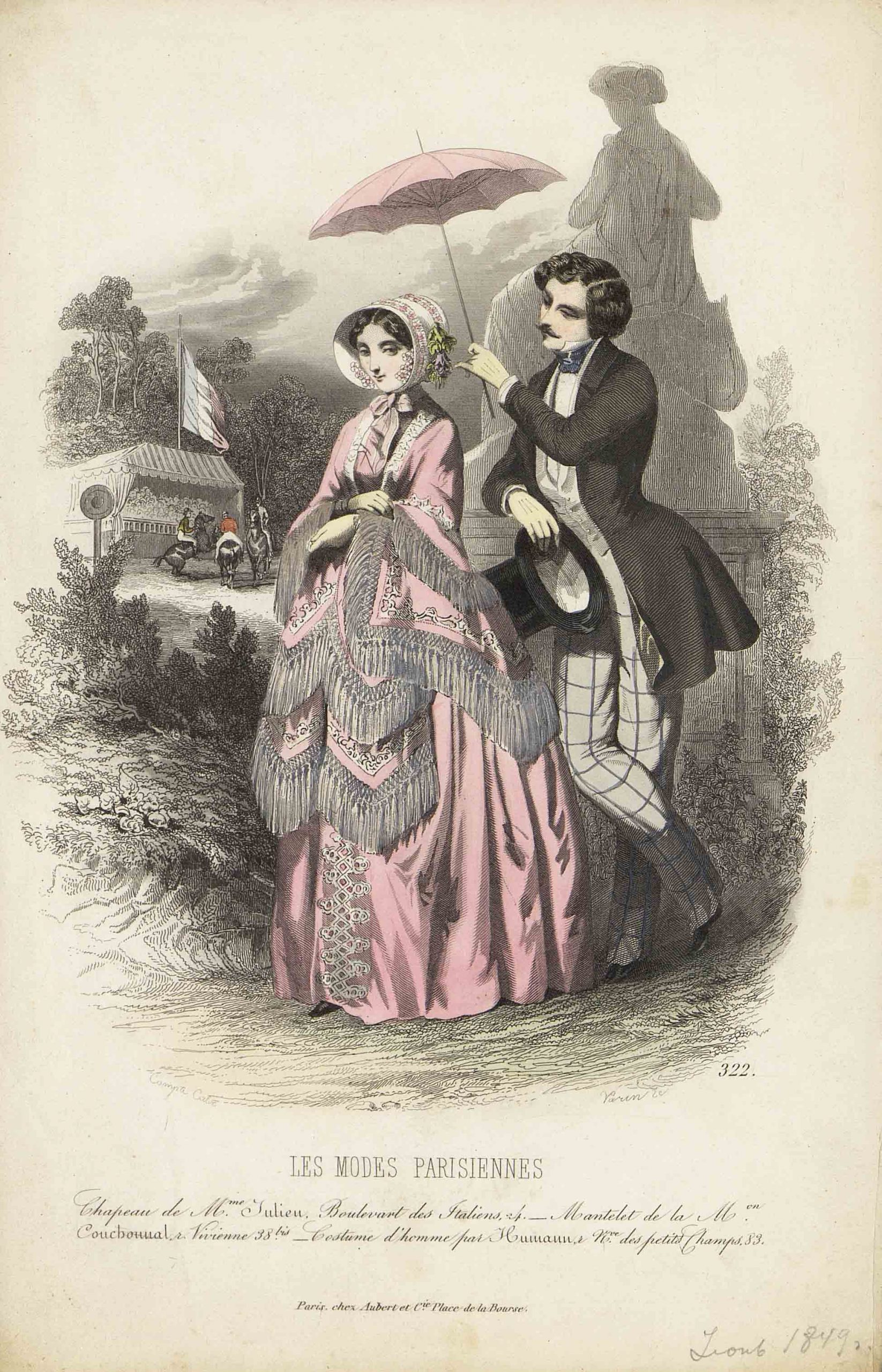 Модный дамский костюм и модный мужской костюм. Лист из журнала «Les ModesParisiennes». Париж, 1849