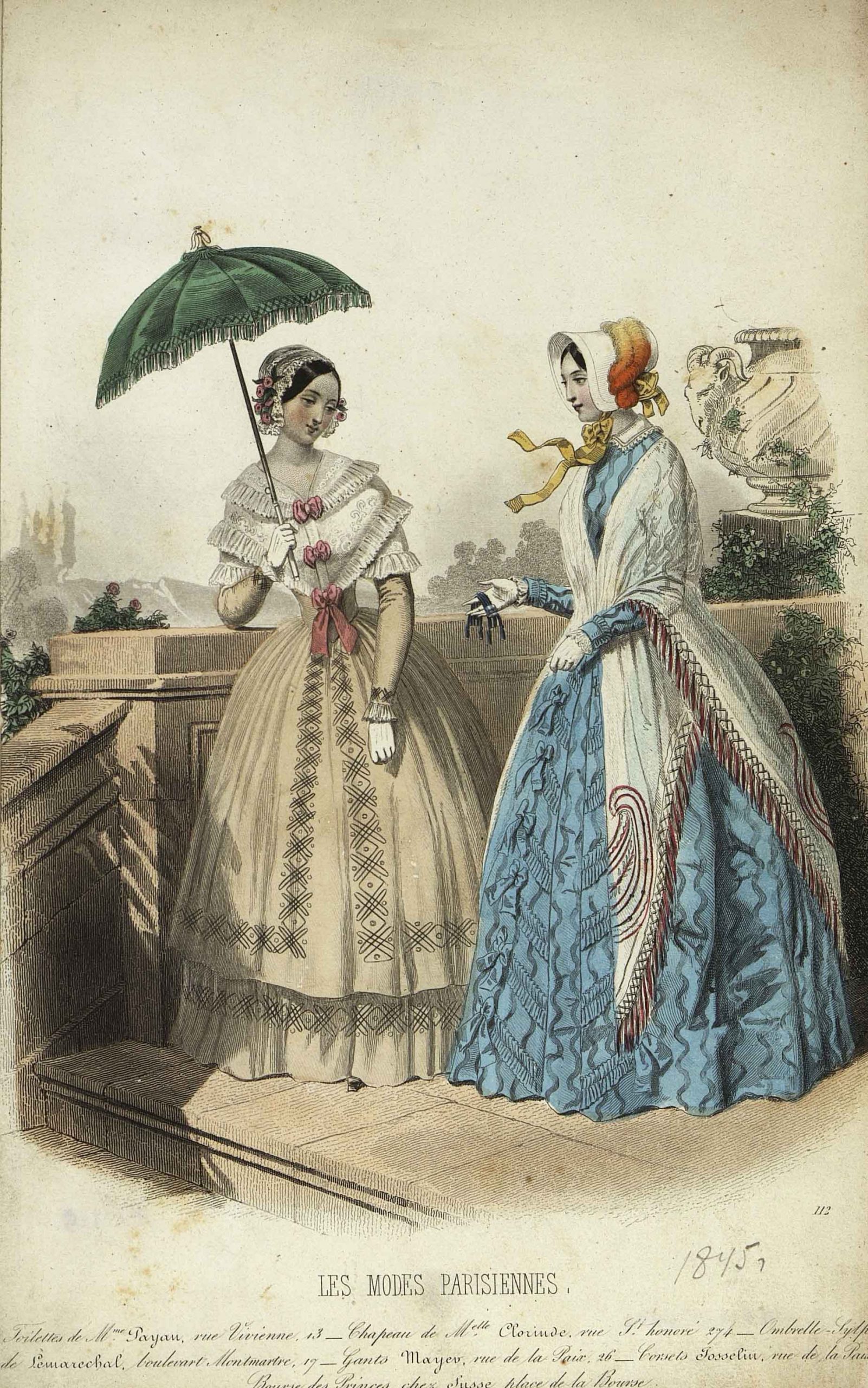 Два модных дамских костюма. Лист из журнала «Les Modes Parisiennes». Париж,1845