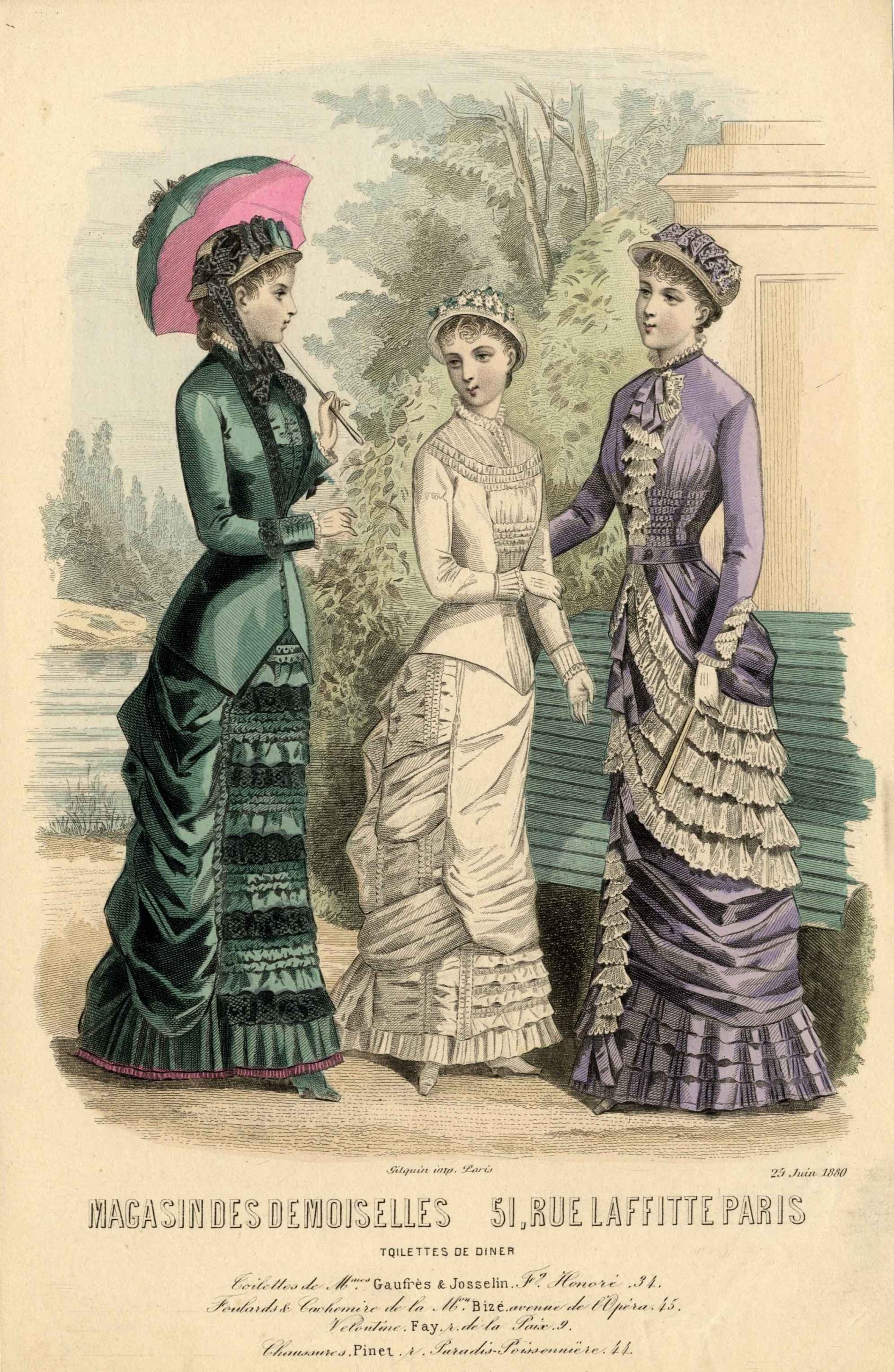 Три модных дамских костюма. Лист из журнала мод «Magasin des Demoiselles».Париж, 1880