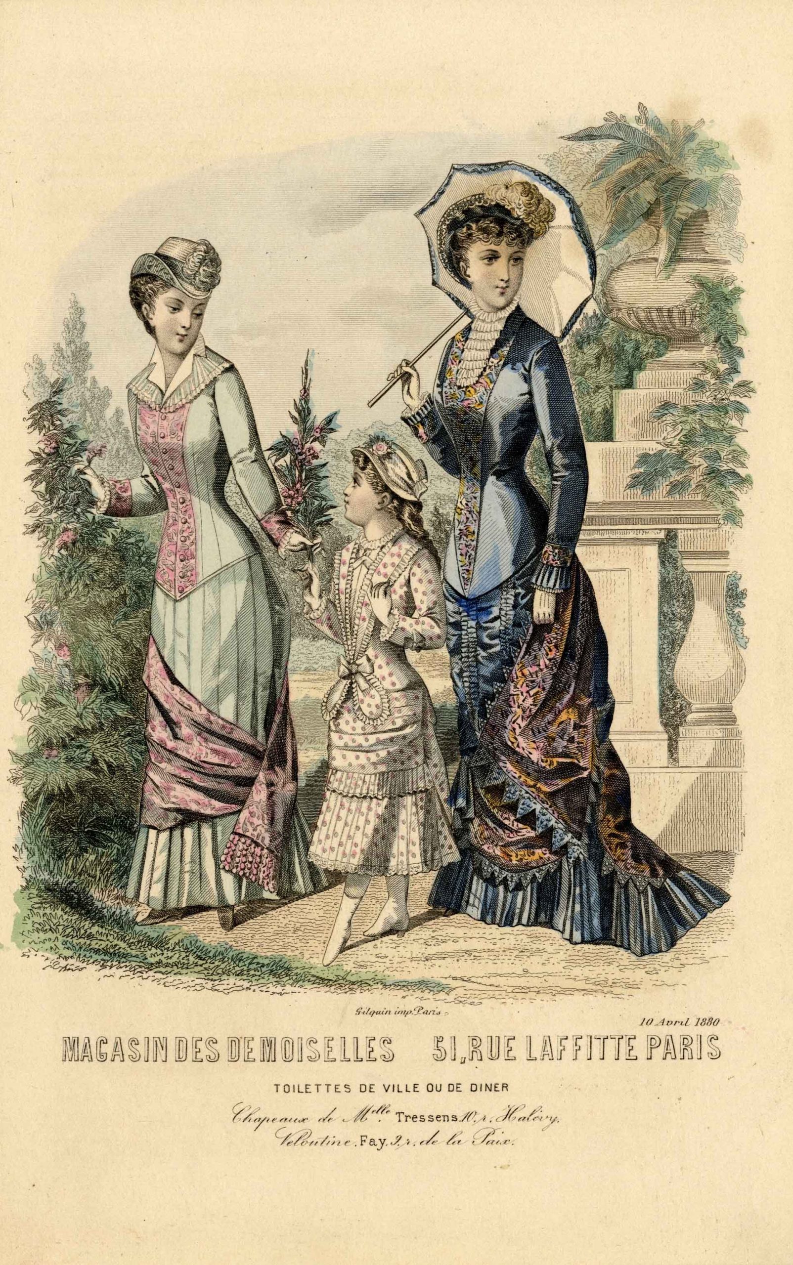 Два модных дамских костюма и костюм для девочки. Лист из журнала мод«Magasin des Demoiselles». Париж, 1880