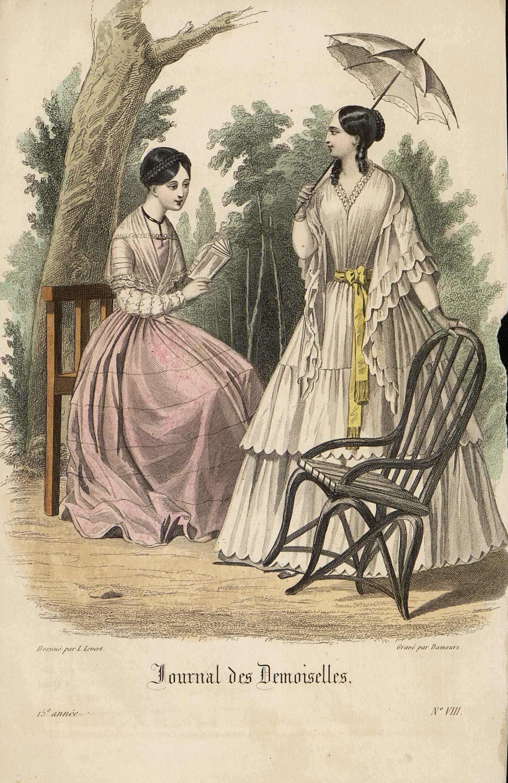Два модных дамских костюма. Лист из журнала «Les Modes Parisiennes». Париж.1848