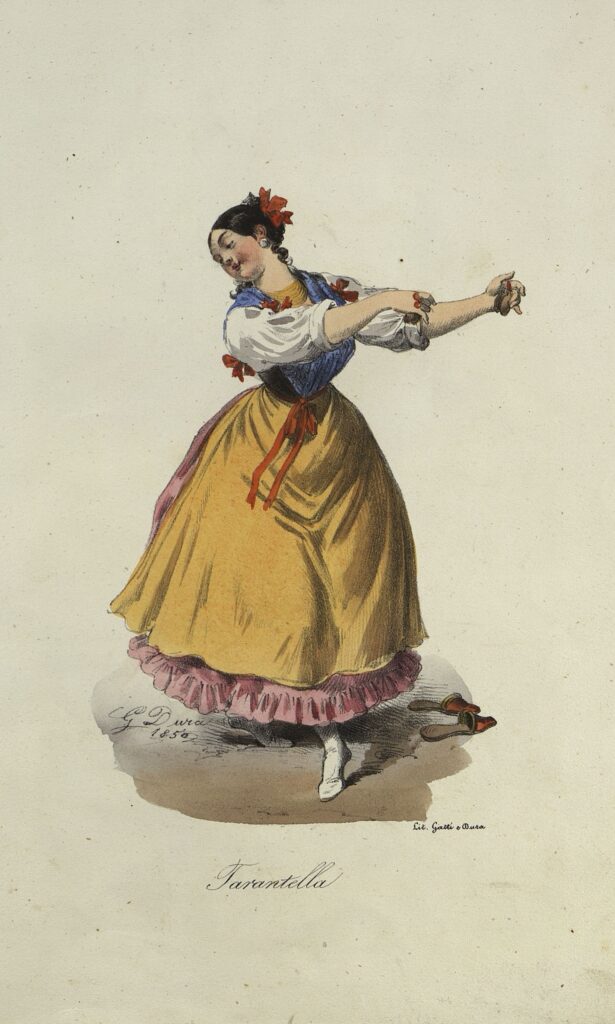 Г. Дура. Женская модель («Тарантелла»). Лист из альбома «Nuova raccolta di costumi e vestiture di Napoli e suoi d' intorni». Неаполь, 1850 