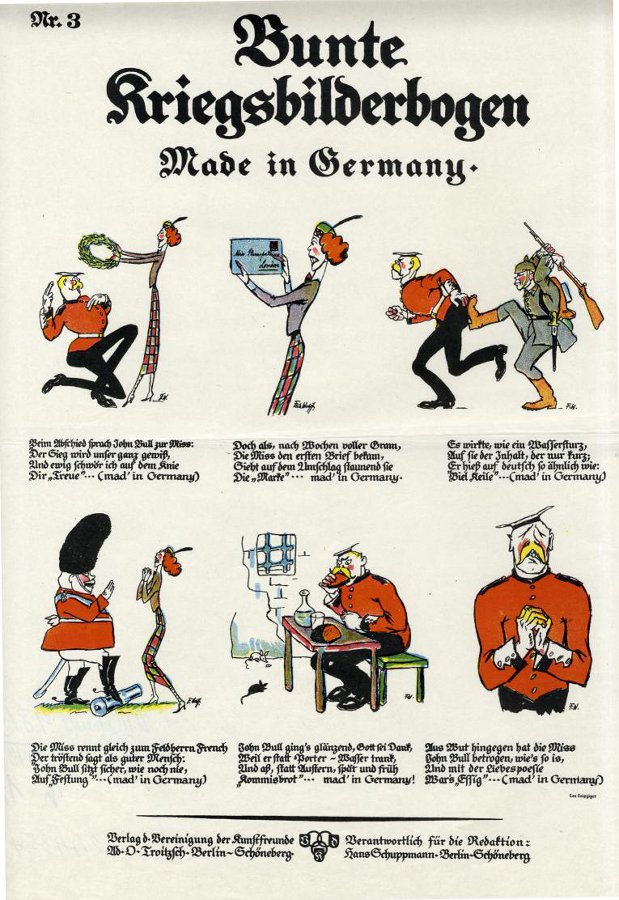 Немецкий лубок «Bunte Kriegsbilderbogen. № 3. Made in Germany». Сделано в Германии. Troitzsch, Adolph Otto, Trier, Walter, Leipzier, Leon, Schuppmann, Hans. Verlag der Vereinigung der Kunstfreunde. 1914-1915 гг.