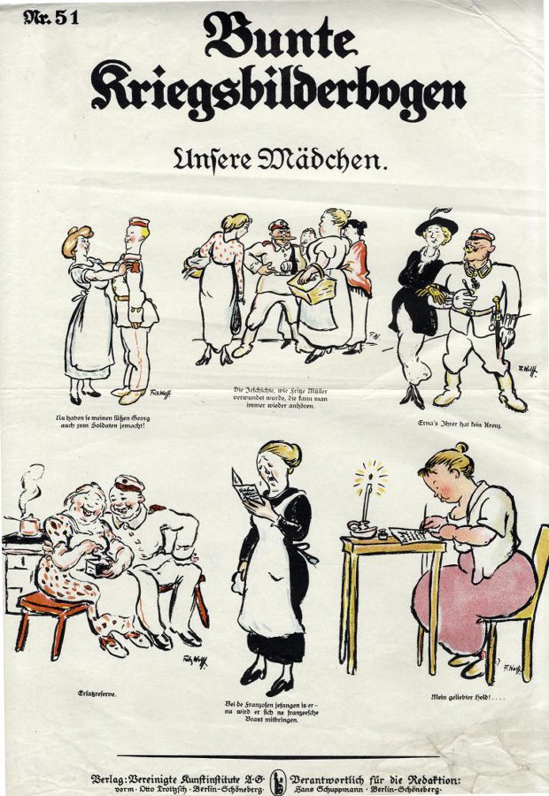Немецкий лубок «Bunte Kriegsbilderbogen. № 51. Unsere Mädchen». Наши девушки. Troitzsch, Adolph Otto, Trier, Walter, Leipzier, Leon, Schuppmann, Hans. Vereinigte Kunstinstitute AG. 1914-1915 гг.