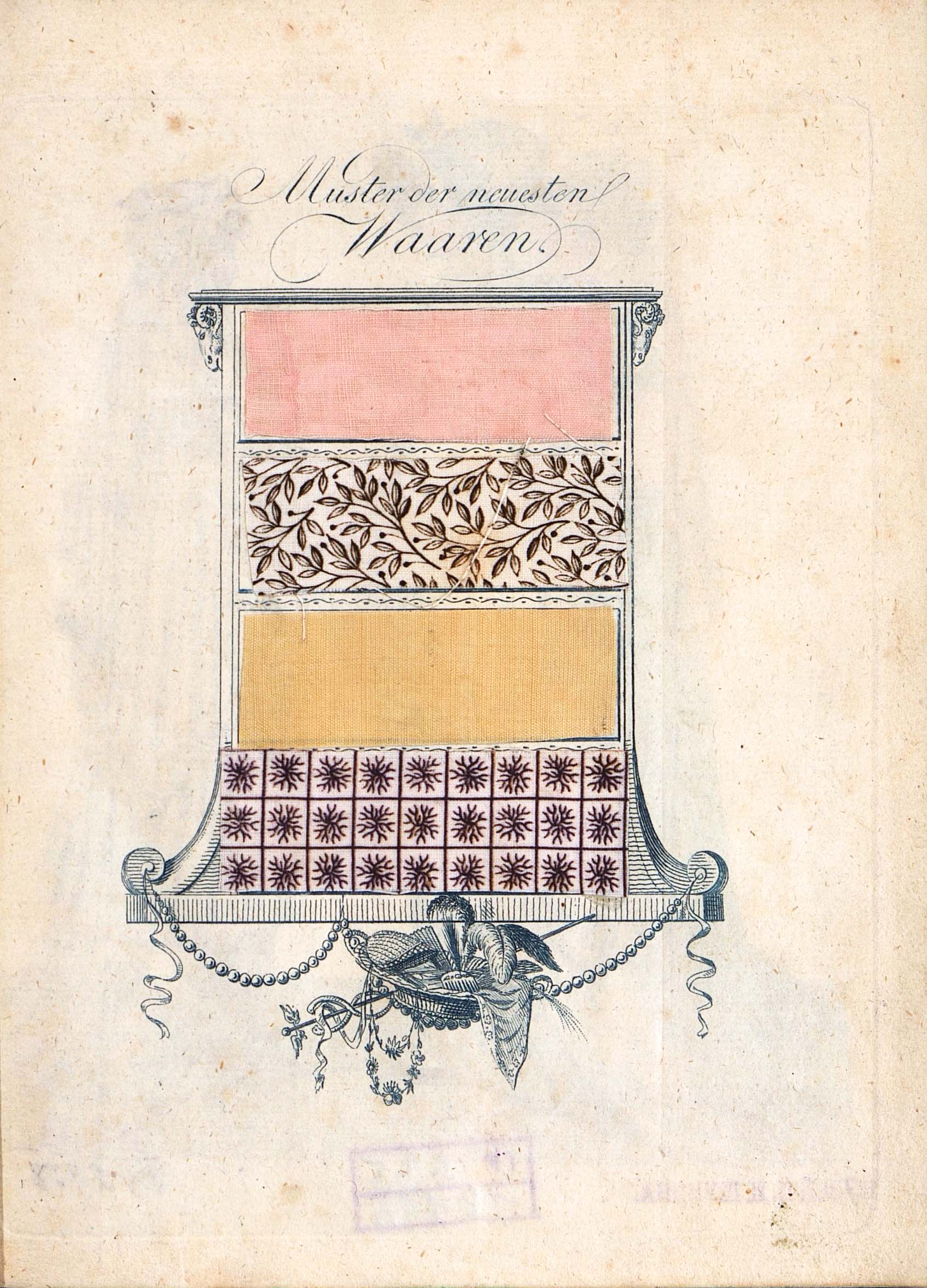 Четыре образца ткани в гравированной рамке в стиле ампир. Лист из журнала «Leipziger Moden-Magazin»Лейпциг, 1803 г.