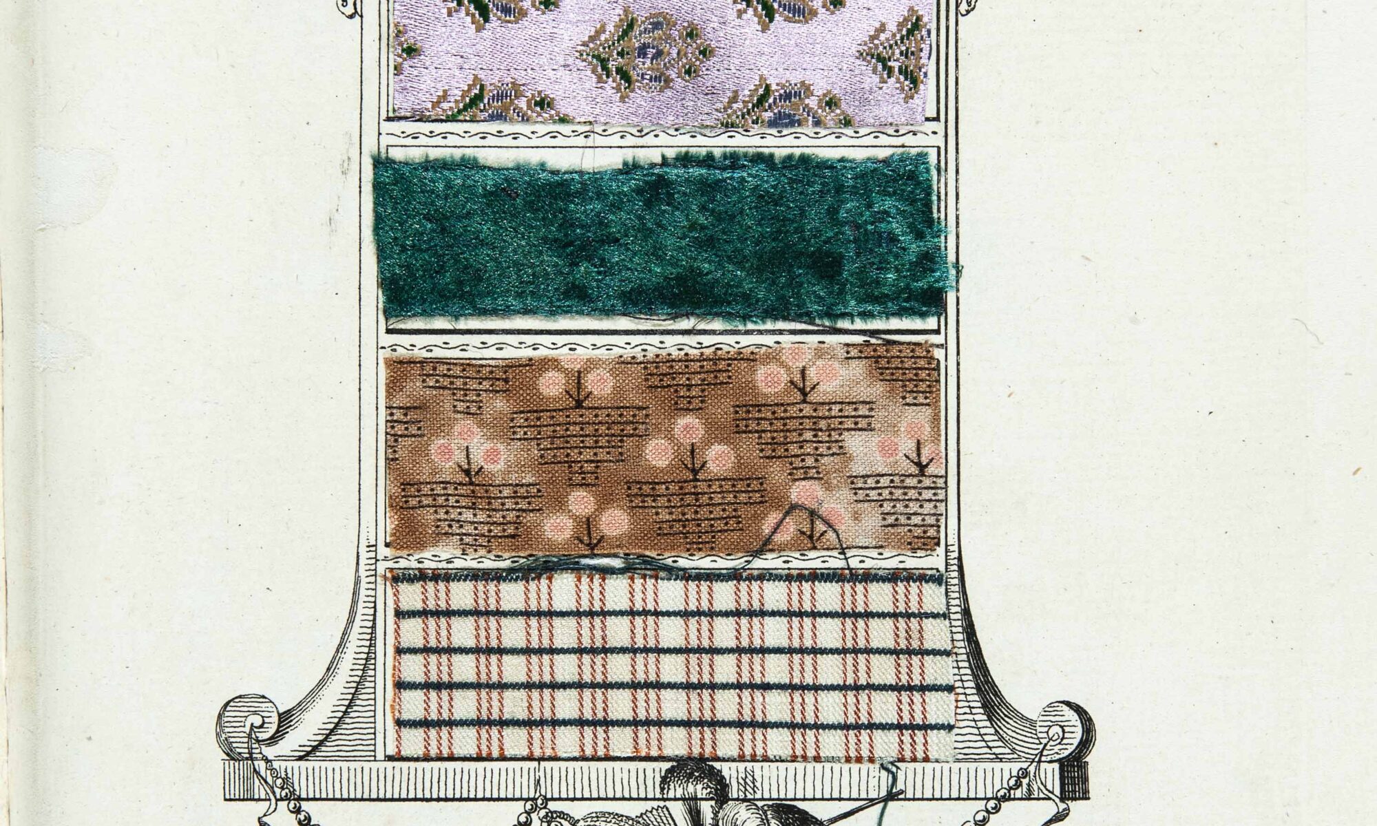 Четыре образца тканей в гравированной рамке в стиле ампир. Лист из журнала «Leipziger Moden-Magazin» Лейпциг, 1803 г.