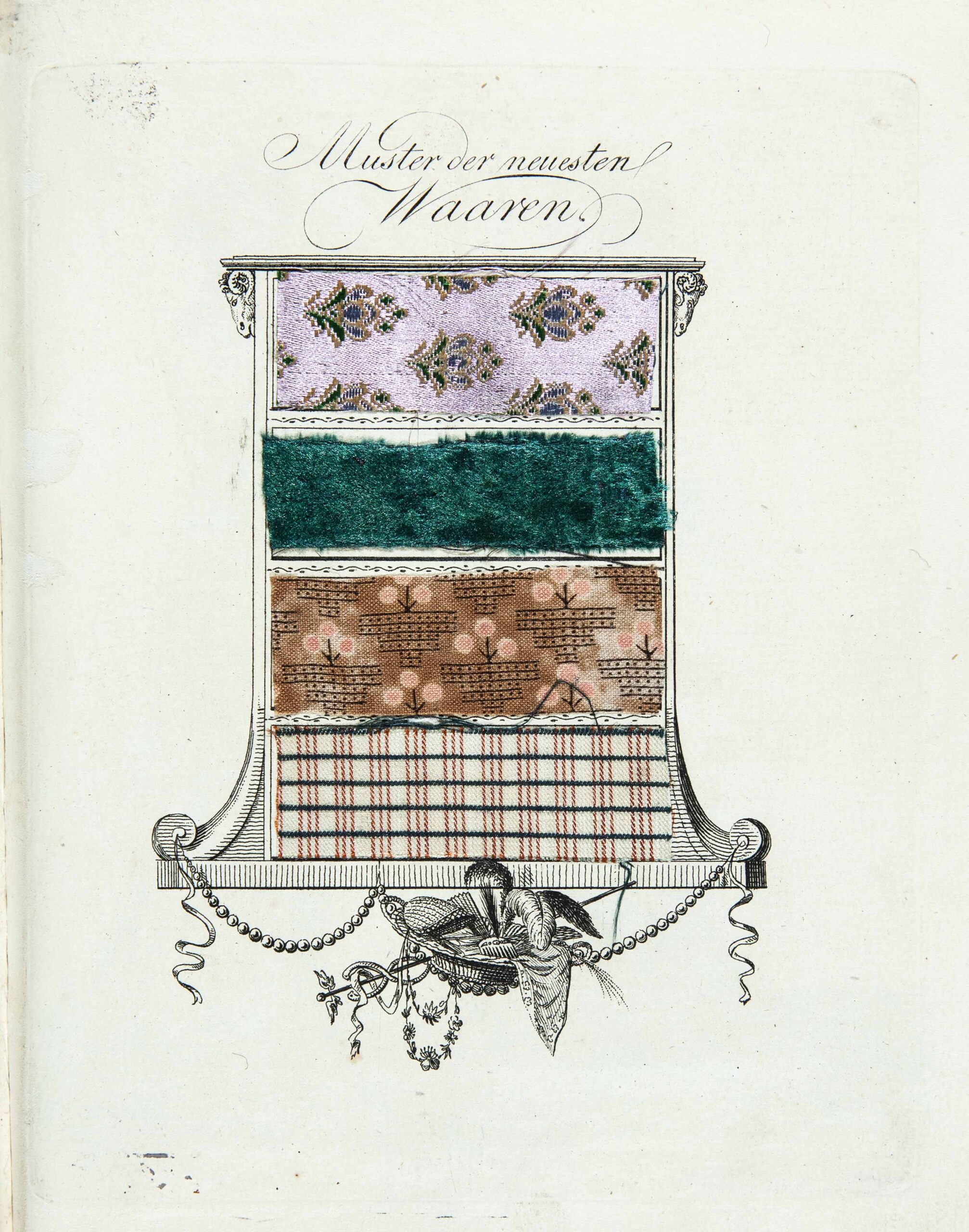 Четыре образца тканей в гравированной рамке в стиле ампир. Лист из журнала «Leipziger Moden-Magazin»Лейпциг, 1803 г.