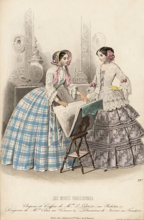 Два модных дамский костюма. Лист из журнала «Les Modes Parisiennes». Гравюра по оригиналу К. Каликса. Париж, 1850-е гг.