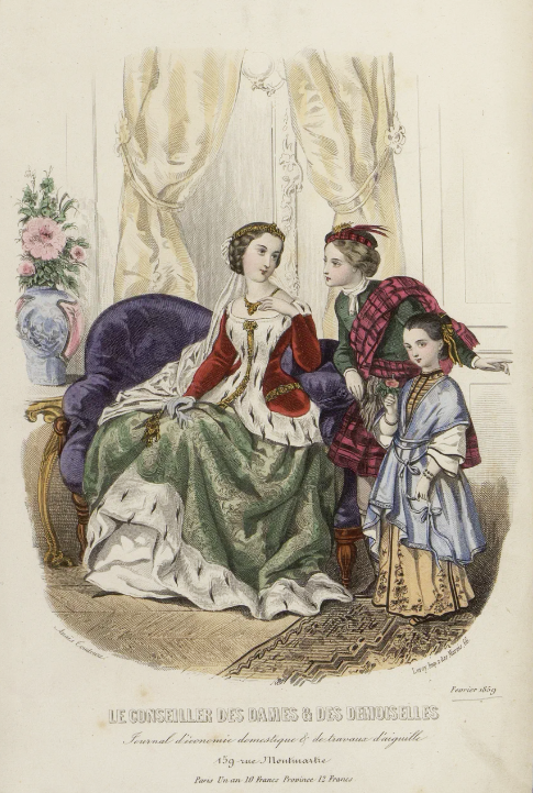 Костюмы для бала-маскарада. Лист из журнала «Le Conseiller des Dames & des Demoiselles». Художник А. Колан-Тудуз. Париж, 1859 г.