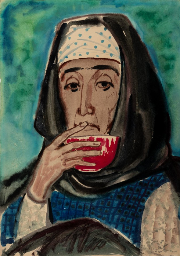 «Женщина с пиалой». В. Лембер-Богаткина. 1967 г. (?) ​​​​​​​Бумага, акварель